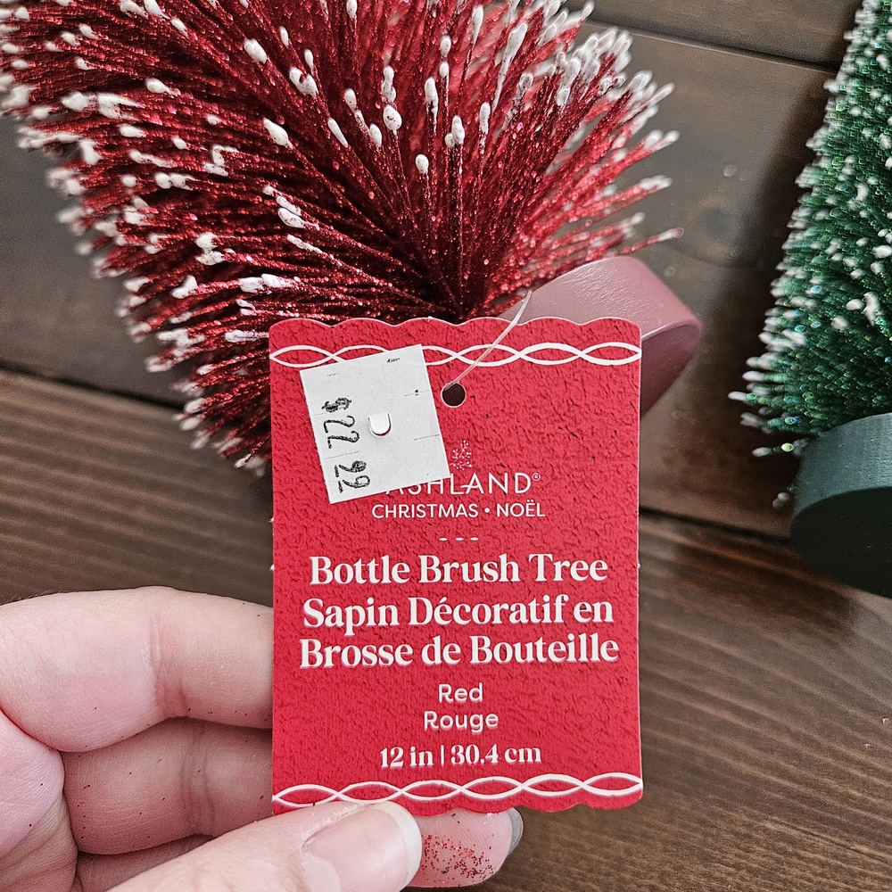 Ashland Christmas Set of 2 Glittery Bottle Brush Trees - Red 12in & Green 10in - Picture 5 of 8